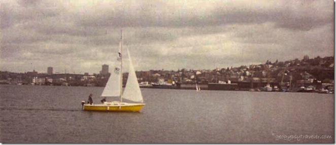 Ron & Zowie sailing the Tanzer on Lake Union Seattle Washington cropped May 1988