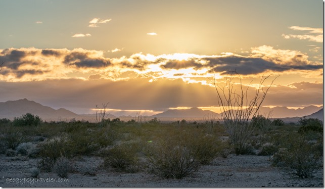 Ocotillo desert Chocolate Mts sunset clouds crepuscular rays BLM Palm Canyon Rd Kofa NWR AZ