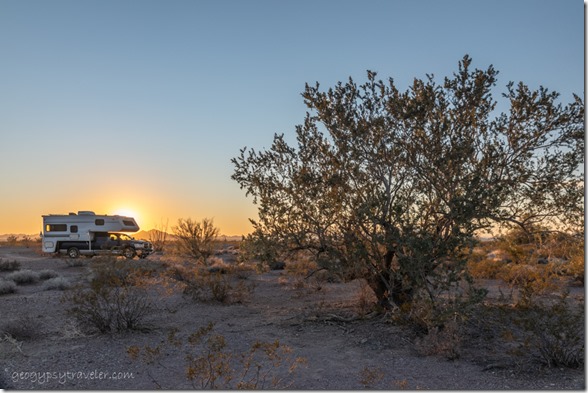 desert Mesquite tree truckcamper Chocolate Mts sunset BLM Palm Canyon Rd Kofa National Wildlife Refuge Arizona