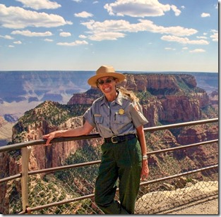 Ranger Gaelyn at Cape Royal with Wotons Throne in background North Rim Grand Canyon National Park Arizona