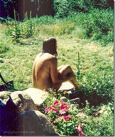 Gaelyn by Outdoor shower at Tim's cabin Twisp Washington March 1991