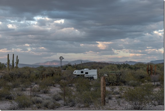 desert truckcamper windmill reverse sunset clouds BLM Darby Well Rd Ajo Arizona