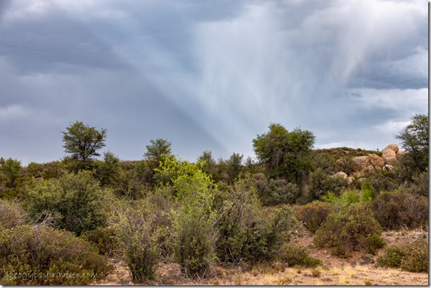 brush trees boulders anticrepuscular rays storm clouds Skull Valley AZ