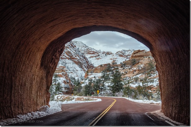 First tunnel Snow Zion National Park SR9 West Utah