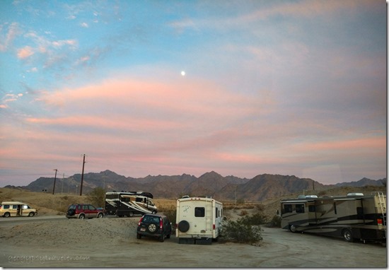 RVs sunset clouds moon BLM-VFW camp Yuma AZ