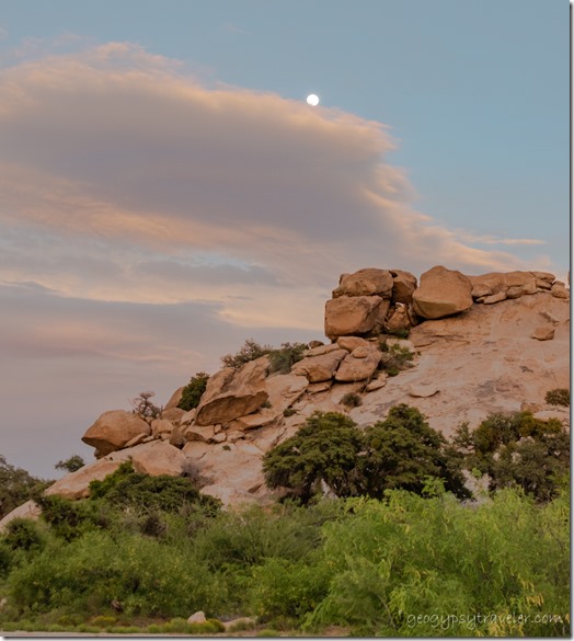 bushes boulders sunset clouds moon Indian Bread Rocks RA BLM Bowie AZ